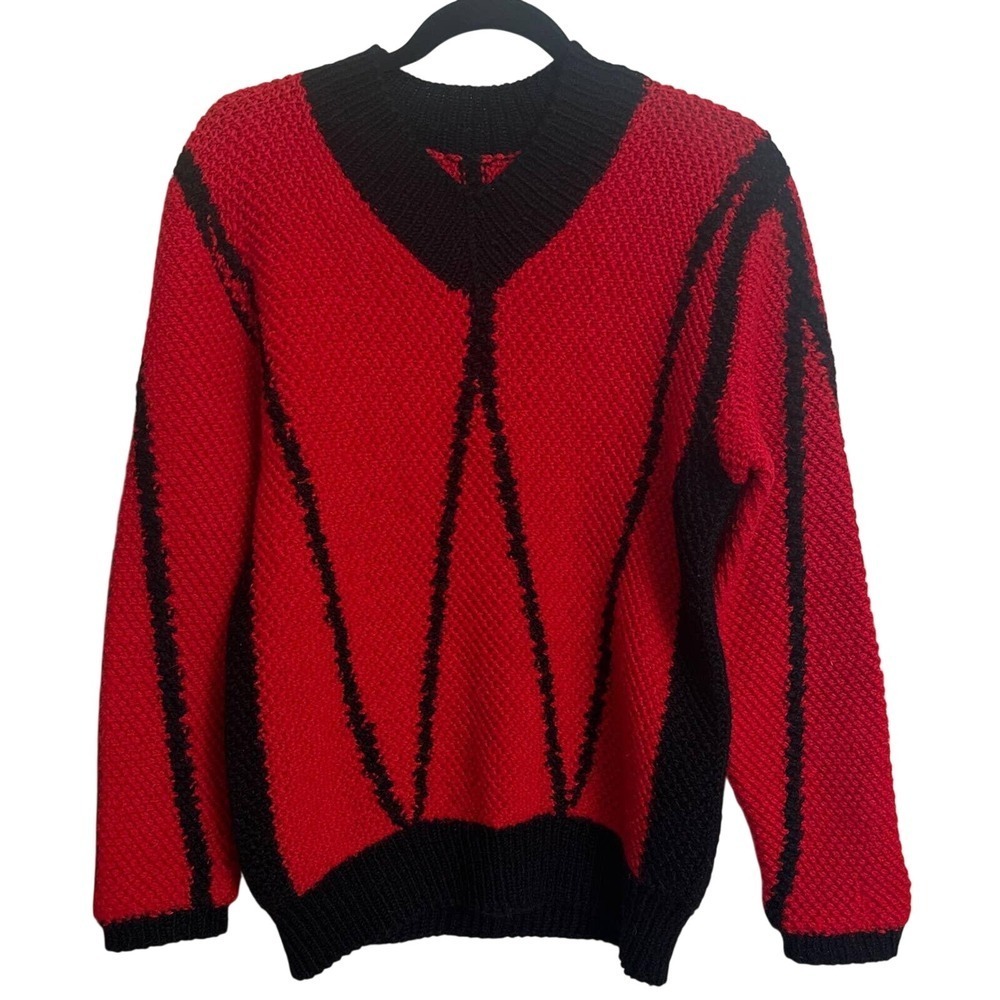 Vintage 80s Handmade Red Black Geometric Chevron Chunky Knit Sweater Medium